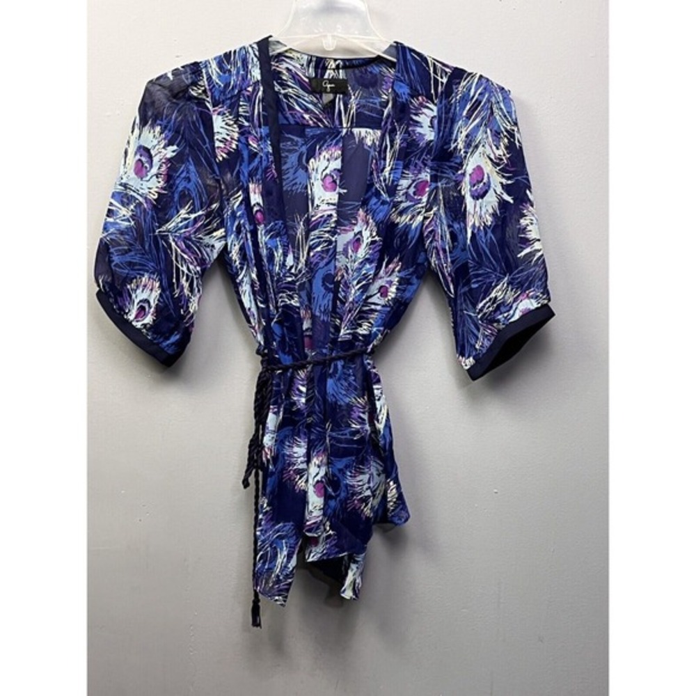Aqua Navy Blue Peacock Feather Print Sheer Wrap Top‎ Braided Tie Waist Small